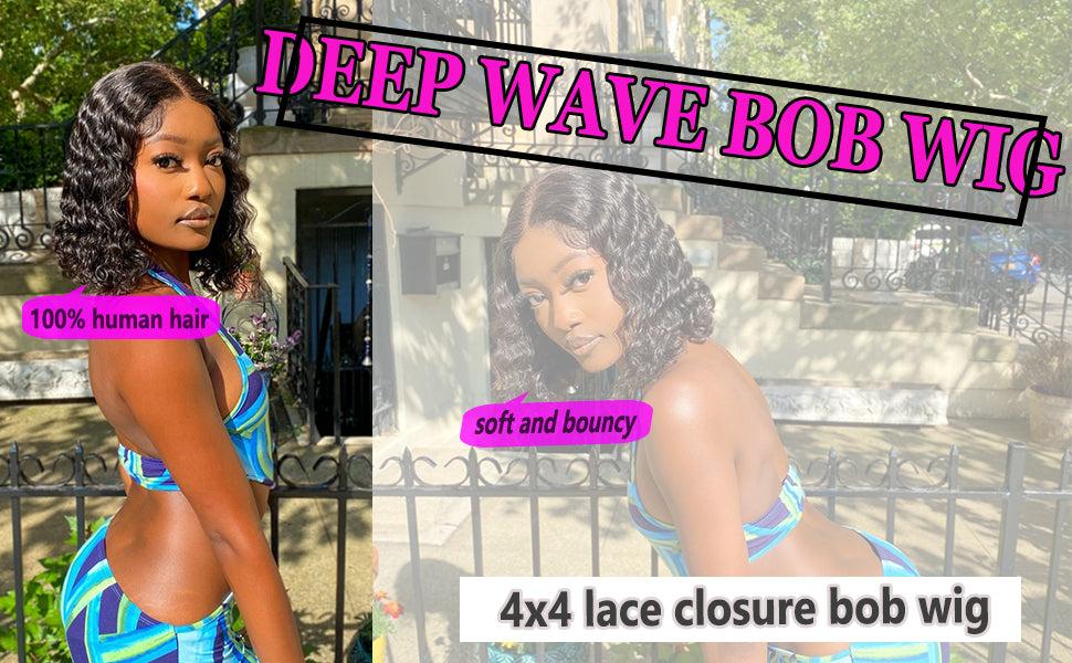 12Inch Deep Wave Bob Wig Human Hair 4x4 Lace Closure Bob Wig 150% Density Brazilian Virgin Human Hair Bob Wig Pre Plucked with Baby Hair for Black Women Natural Color 12 Inch