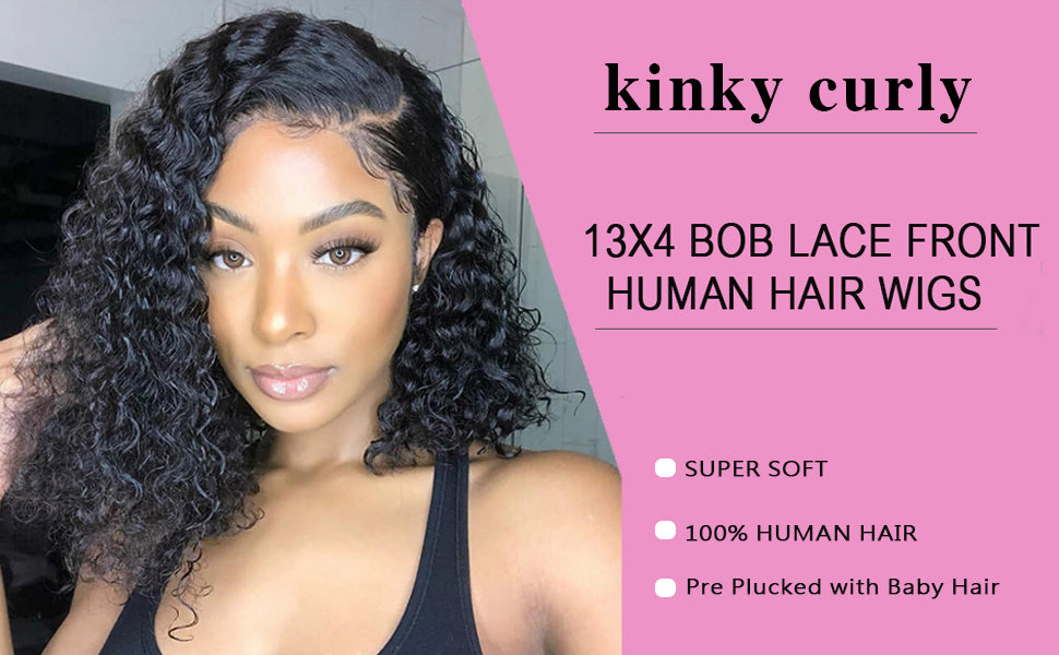 13x4 Lace Front Wig Short Bob Kinky Curly Human Hair Frontal Wigs 180% Density Pre Plucked