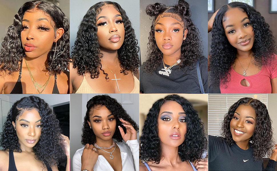14inch Deep Wave 13x4 Lace Front Human Hair Bob Wigs For Black Women Glueless HD Transparent Short Curly Lace Frontal Wigs
