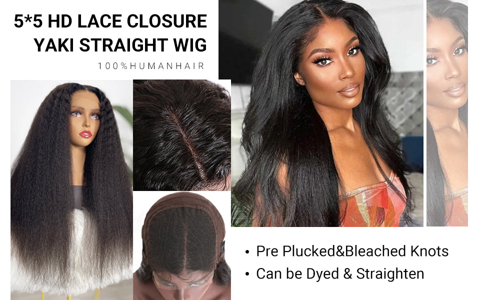 180% Density Glueless Human Hair Yaki Straight Wigs Bleached Knots Natural Hairline 5x5 Closure Kinky Straight Wigs