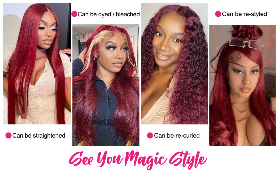 24inch 99J Body Wave Wig 4x4 Transparent Lace Closure Wigs Human Hair Burgundy Wigs