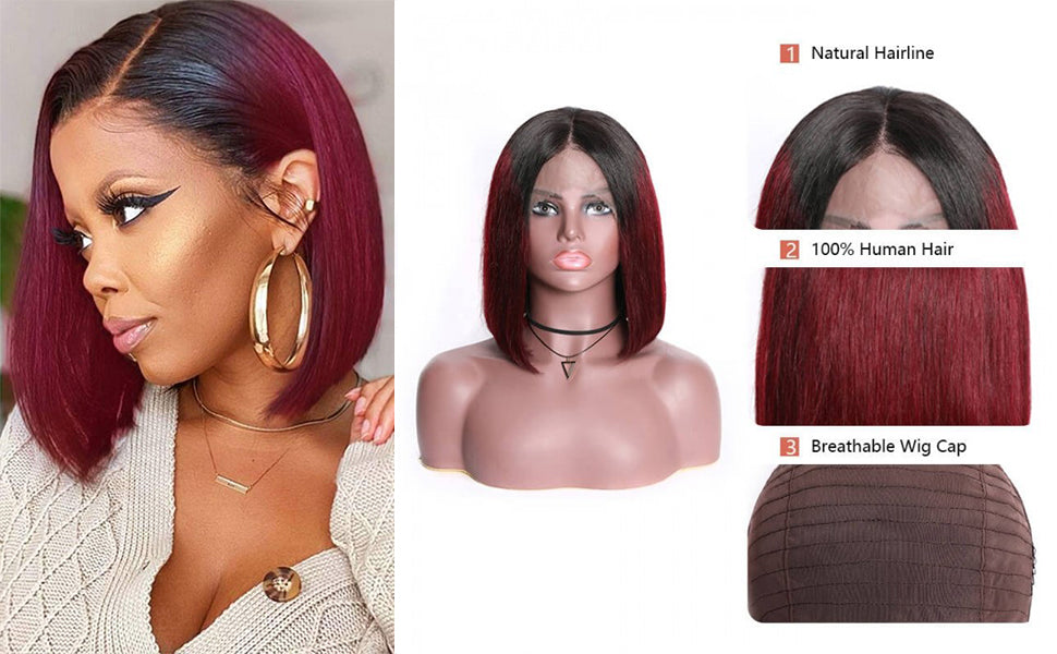 4X4 Lace closure wig human hair wigs pre-plucked with baby hair 1b- 99J lace wig bob wigs for black women