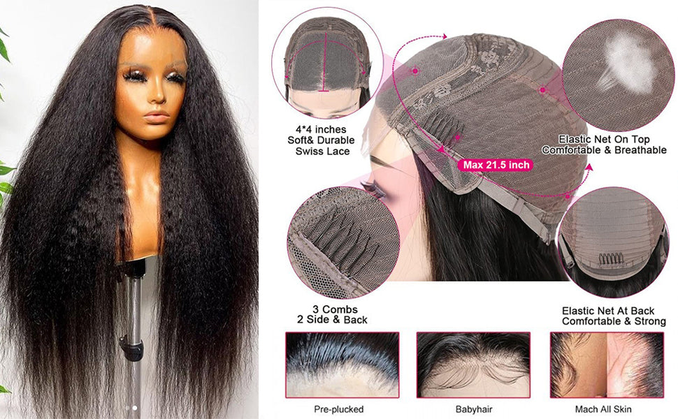 Kinky Straight Human Hair Wigs 4x4 Lace Closure Wigs