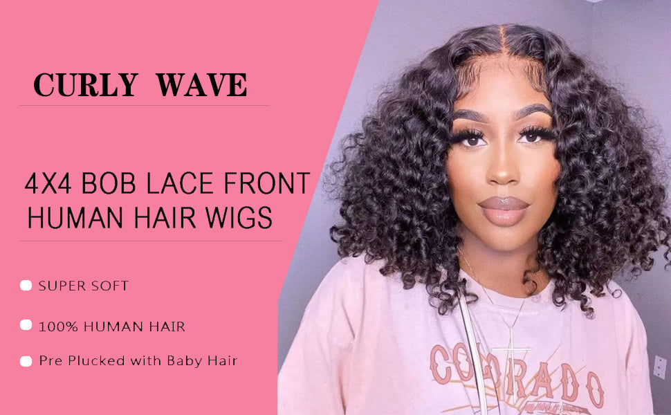 Curly Bob Wig Human Hair Lace closure Wig 4x4 Lace Closure Bob Wig Human Hair Brazilian Virgin Hair Kinky Curly Lace Closure Wig for Black Women Curly Lace Front Human Hair Wig with Natural Hairline