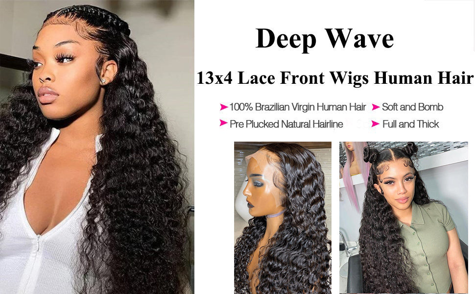 Deep Wave Wig 13x4 Lace Front Wigs Human Hair Pre Plucked Lace Frontal Wig with Baby Hair 180% Density