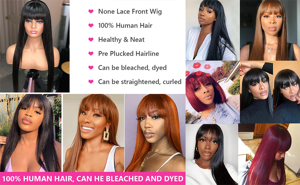 STRAIGHT Human Hair Wig Full Bangs None Lace Front Wig With Bangs