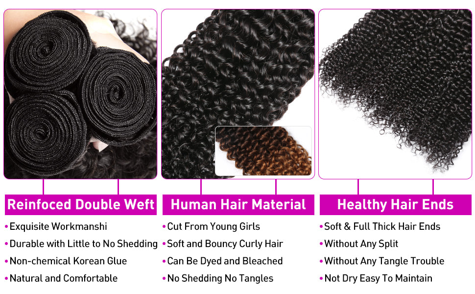 Kinky Curly Bundles de cheveux humains Ture à la longueur, pas d'odeur, pas de perte, pas de nœuds