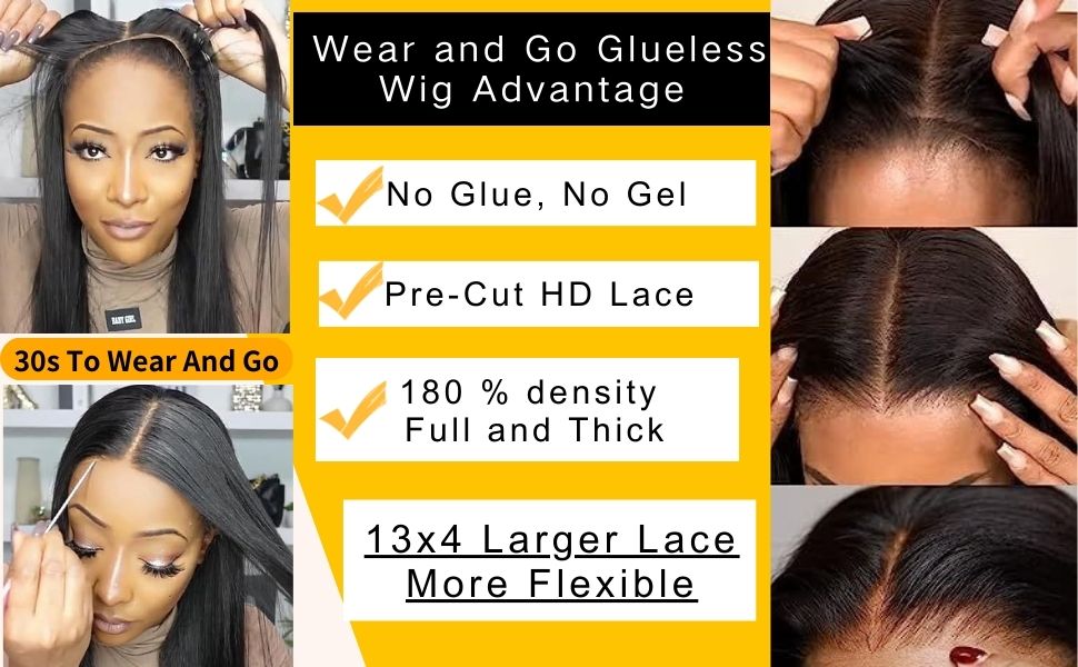 Wear and Go Glueless Wigs Human Hair Pre Plucked Pre Cut 13x4 HD Lace front Wigs Human Hair for Women No Glue Straight Lace frontal wigs 180% Density