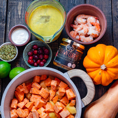 ingredients for butternut squash curry soup with prawn curry from kopi thyme