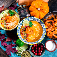 Cozy butternut squash curry soup with prawn curry, use this recipe with Kopi Thyme's Prawn Curry.