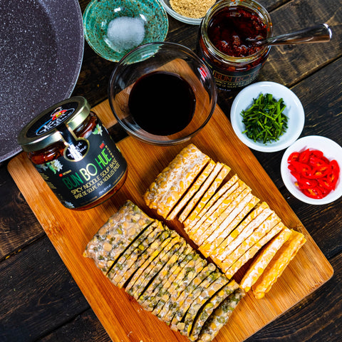 Ingredients to make a quick tempeh kering or glazed tempeh using Kopi Thyme's Bun Bo Hue.