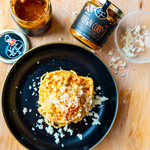 Pasta night recipe made easy with some cream, cheese and kopi thyme prawn curry sauce.