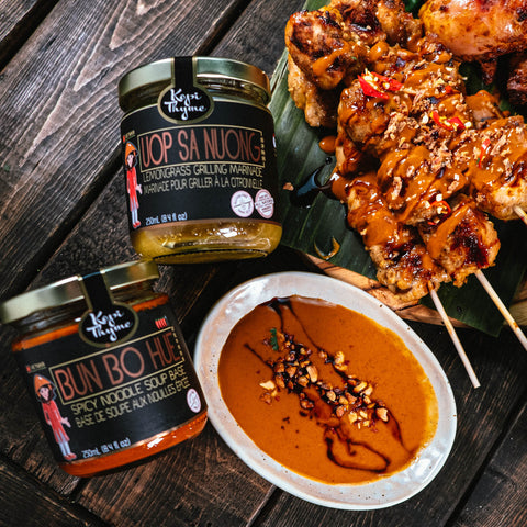 Simple way to create some satay chicken on the grill with this recipe using uop sa nuong to marinade and bun bo hue for a peanut sauce..