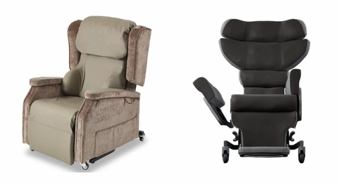 CapeAbilities stocks the Configura Advance Mobile Care Chair  (below right) comes with standard waterfall backrest but has the option to change the backrest (possibly as needs change) to a fully adjustable cocoon lateral support backrest