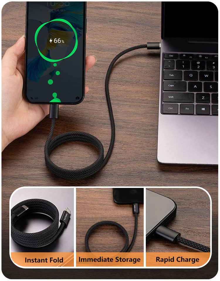 A-multi-image-display-of-a-braided-USB-cable's-features-charging-a-phone-easily-coiling-for-storage-providing-a-quick-charge-to-a-laptop-and-the-cable's-ability-to-instantly-fold-for-convenient-use