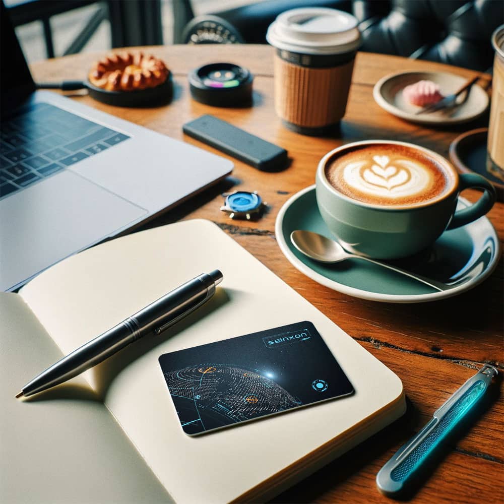 A-well-organized-work-desk-featuring-a-Seinxon-locator-card-with-FindMy-technology-placed-beside-a-sleek-laptop-a-notepad-paired-with-a-pen-a-crafted-latte-in-a-ceramic-cup