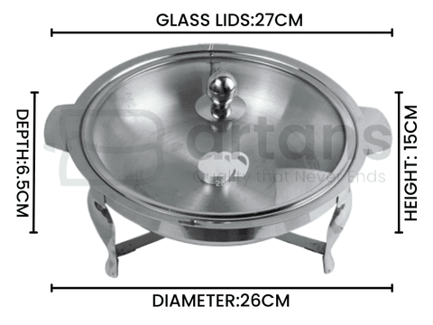 Al-Ansar Stainless Steel Food Warming 26CM Serving Chafing Dishes with Tea Light Candles & Glass Lids.