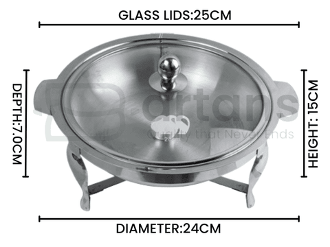 Al-Ansar Stainless Steel Food Warming 24CM Serving Chafing Dishes with Tea Light Candles & Glass Lids.