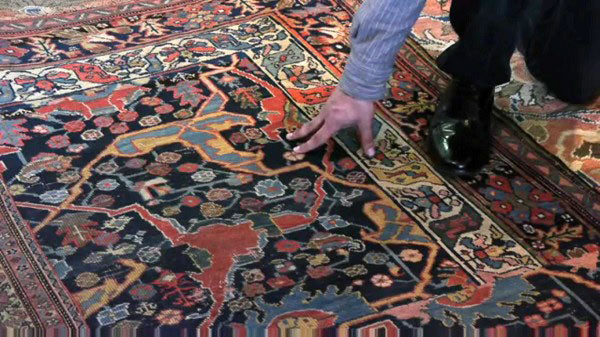 A man inspecting a rug from a Rug Appraisal Organization