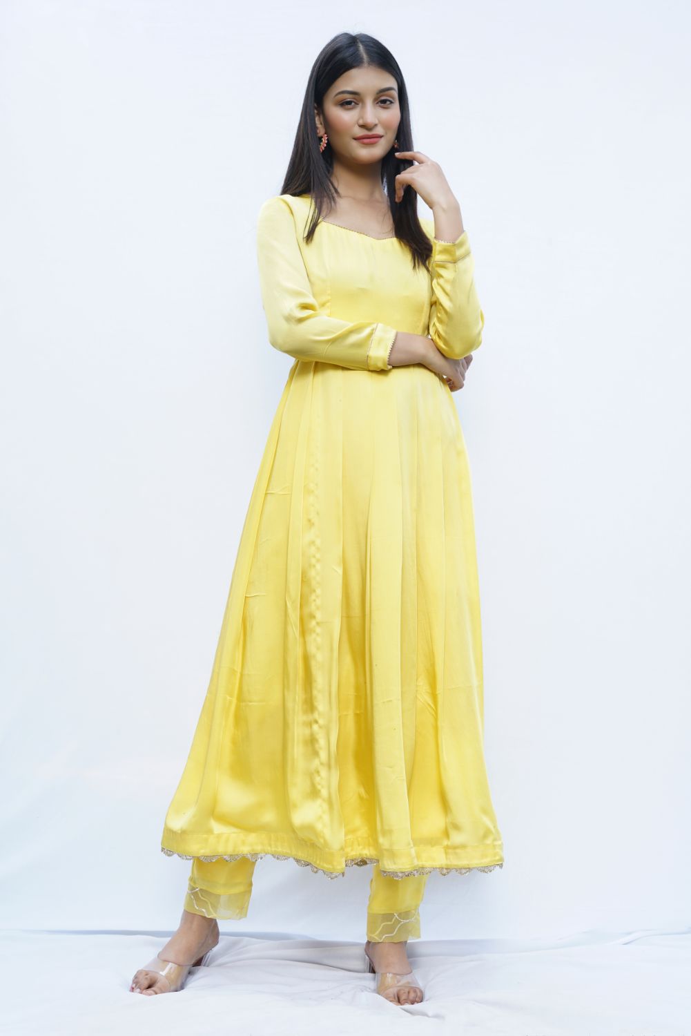 Yellow Long Anarkali: Mustard frock suit with tassels & churidar