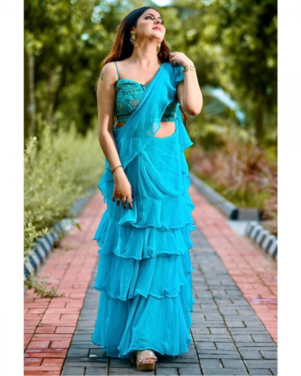 Buy Light Sky Blue Pre-Pleated Saree Online | Vibha – ViBha