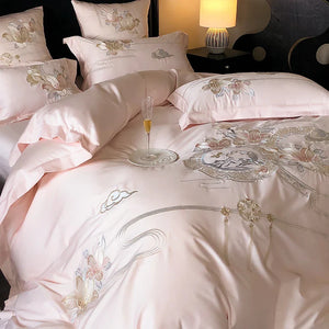 Flytonn-Pink Chinese Style Flowers Bird Embroidery Luxury Bedding Set 1000TC Egyptian Cotton Duvet Cover Bed Sheet Pillowcases 4/5Pcs - Flytonn