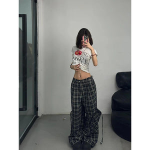 Flytonn-Women Dark Academia Harajuku Fashion Gothic 2000s Aesthetic Plaid Pants Elastic Waist Pantalones Long Trousers Trashy Y2k Baggy - Flytonn