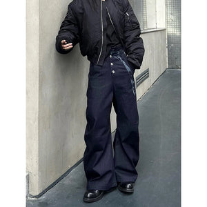 Flytonn-Blue Womens Jeans High Waist Vintage Design Hip Hop Straight Baggy Denim Pants Street Y2K American Style Wide Leg Denim Trouser - Flytonn