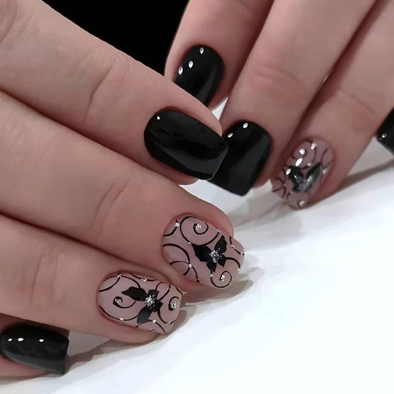 Flytonn-Halloween Nails Press on Nails Black Butterfly French Fake Nails Rhinestone False Nail Patch Short Ballet Full Cover Artificial Art Nail Tip