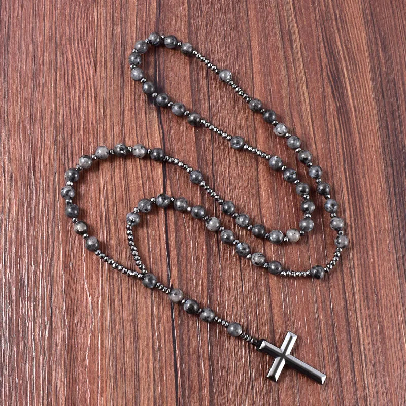 Unisex Labradorite Rosary Cross Necklace