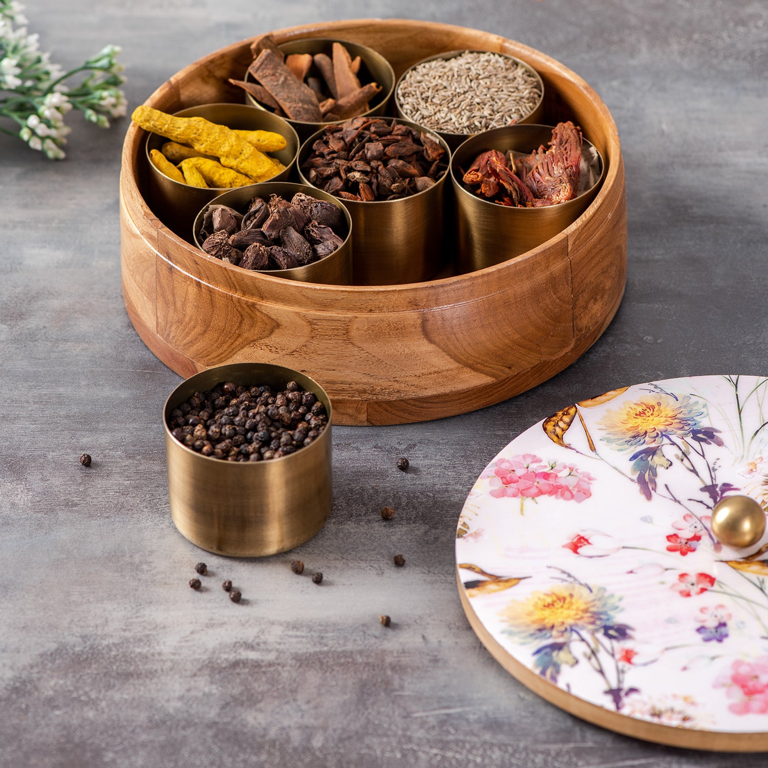 Spice Box for Kitchen Masala Container Allure Teak Wood Masala