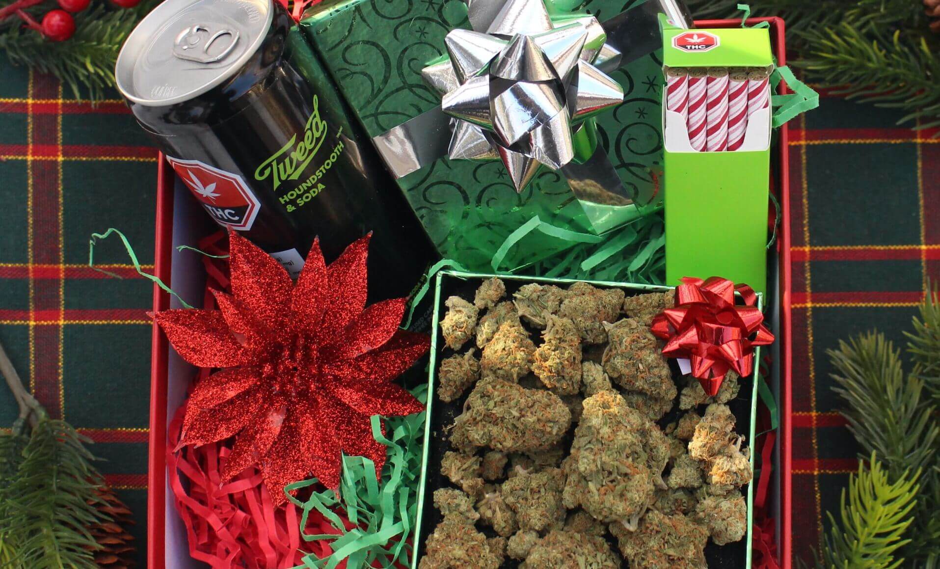 christmas gift box full of cannabis products