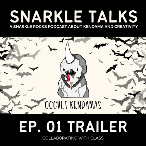 snarkle talks: ep 01 trailer (the episode where we learn how to people). illustrated figure of a rock with horn and fanged teeth wearing a kendama necklace (representing jack).