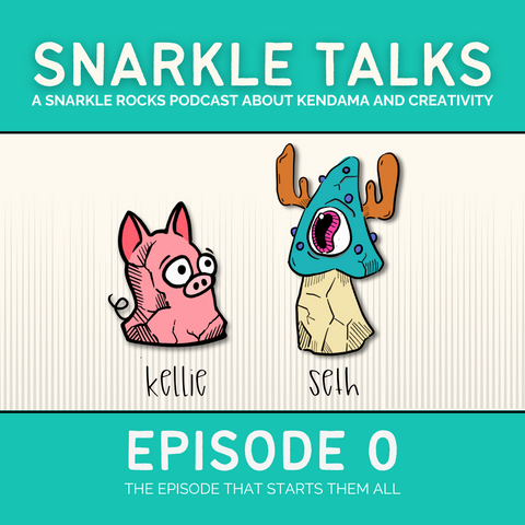 Snarkle Talks (A Snarkle Rocks Podcast about Kendama and Creativity). Episode 0 (The Episode That Starts Them All). Illustration of a pink pig shaped rock (representing co-host kellie) and a mushroom shaped rock (representing co-host seth) with antlers looking at each other.