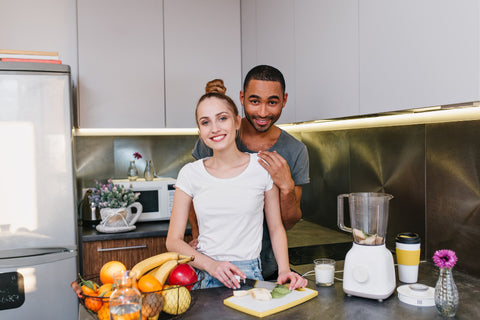 Lovers Are Cooking Together Kitchen Girl With Fair Hair Cuts Fruits Couple T Shirts With Joyful Faces Spend Time Together Home 480x480 ?v=1676212102
