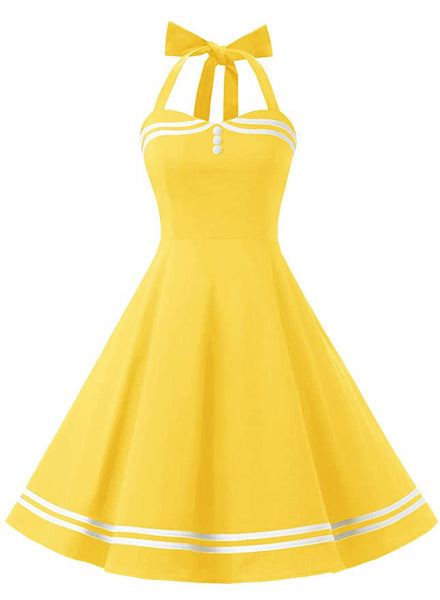 Womens 1950s Retro Rockabilly Princess Cosplay Dress solid color yellow ...