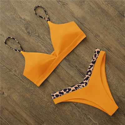 Sexy Solid And Leopard Push Up Padded Thong Swimsuit