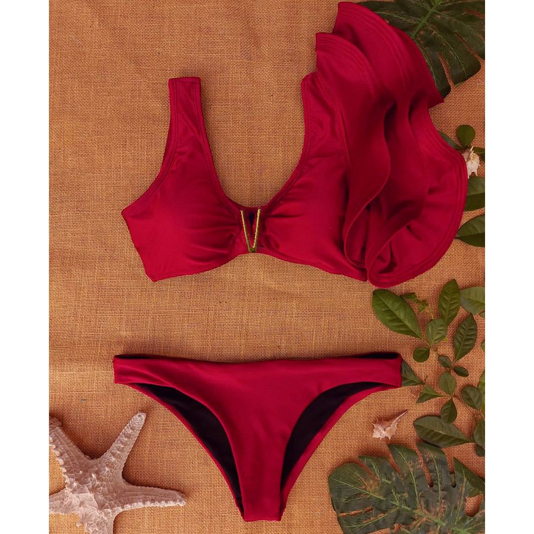 V-neck Ruffled High Waist Bikini Sets Sexy Solid Red Swimsuit