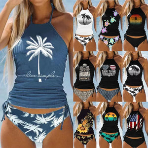 Women's Bathing Suit Coconut Drawstring Side Halter Neck Tankini Set Summer Beach Wear Cute Swimwear - Vilees