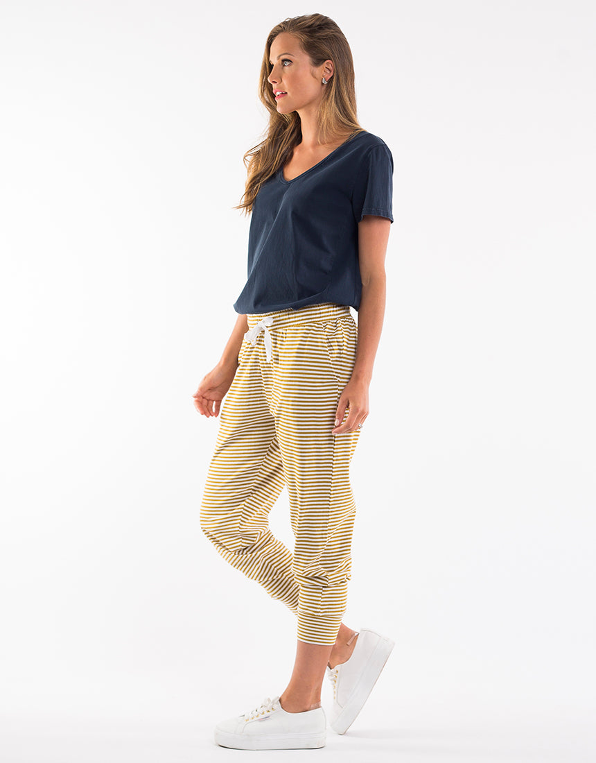 mustard and white striped pants