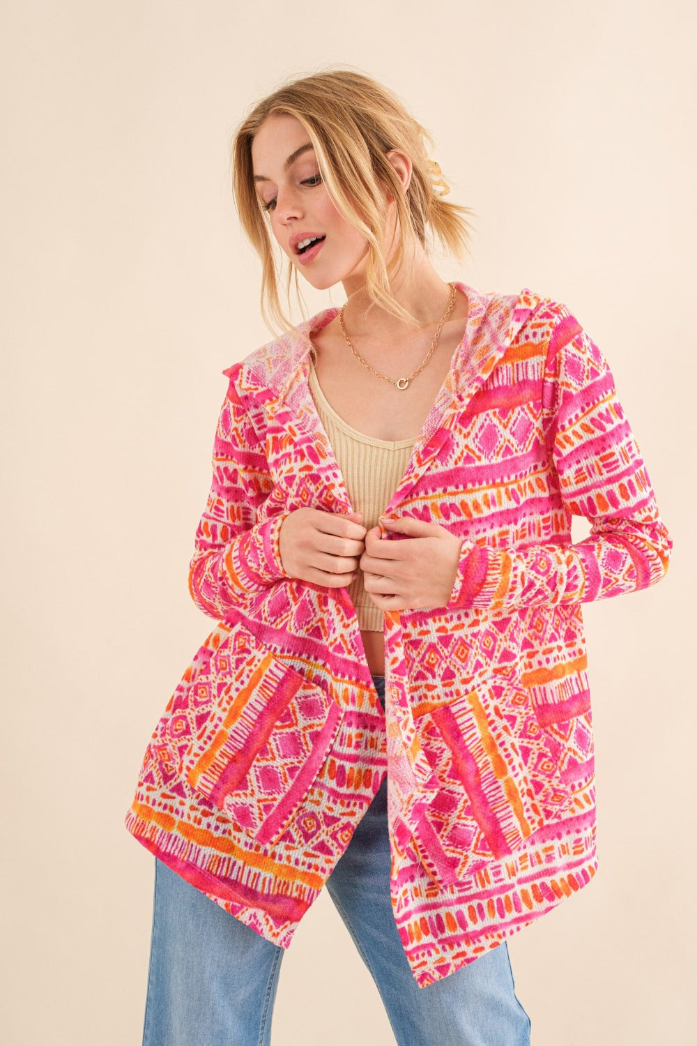 Hazel Blues® | And The Why Printed Thermal Hooded Open Front Cardigan
