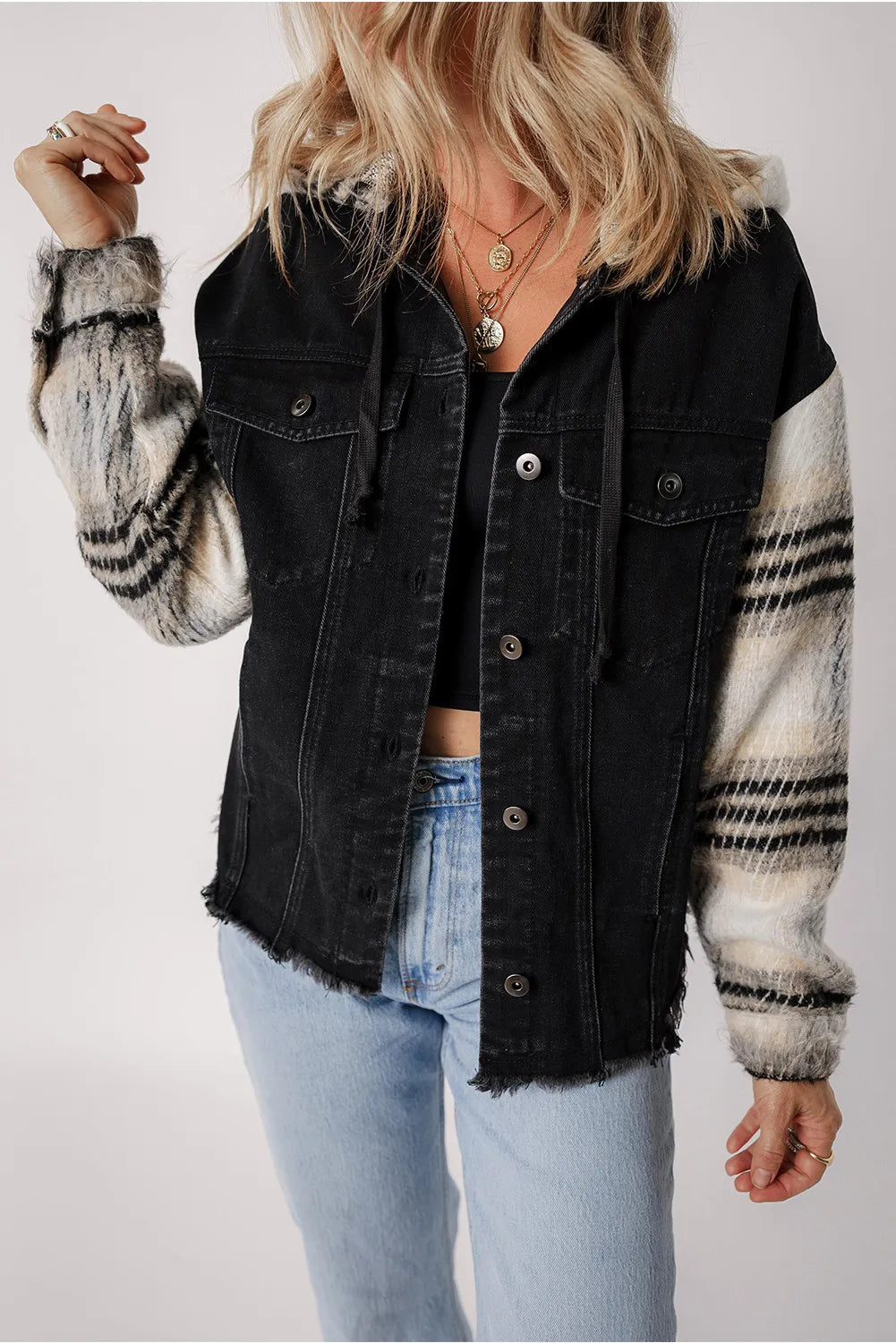 Hazel Blues® | Drawstring Raw Hem Button Up Hooded Denim Jacket