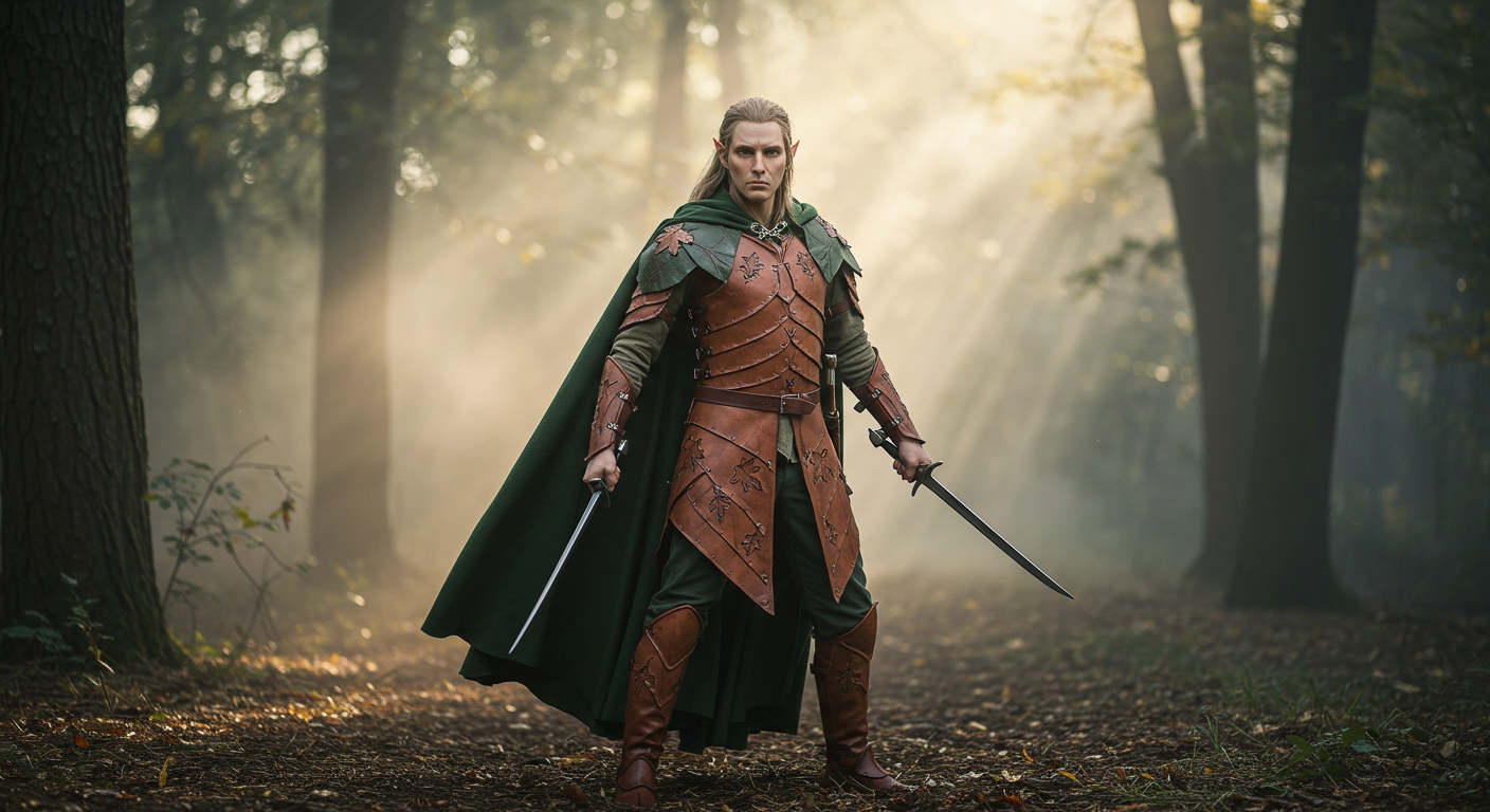 Photorealistic elven warrior in forest green cloak and light leather armor, standing in a misty forest with dual blades drawn, surrounded by natural sunlight and foliage. - Creed Leather
