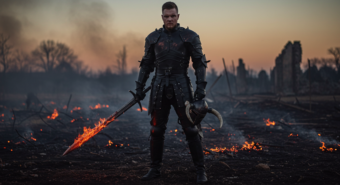 Male warrior in black leather armor holding a cracked steel sword, standing on a burnt battlefield with smoke, embers, and ruins in the background at dusk. - Creed Leather