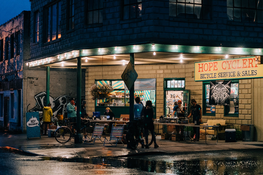 Storefront lit up at dawn