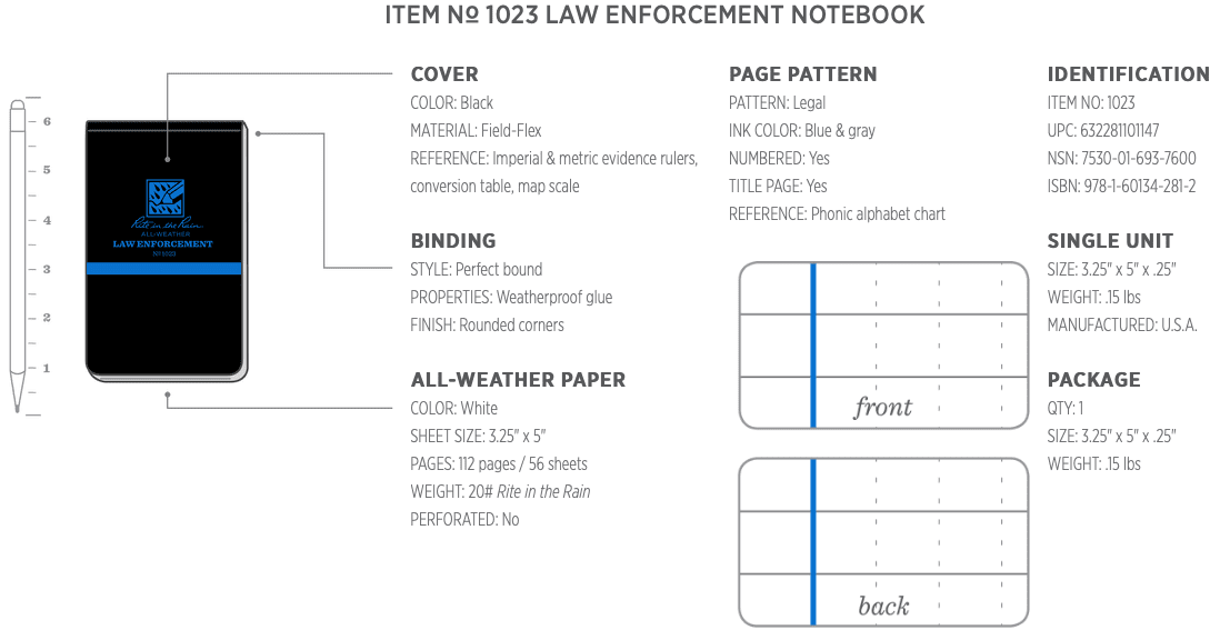 Rite in the Rain Thin Blue Line All-Weather Notebook 1023 - Notepads, Clipboards, & Pens