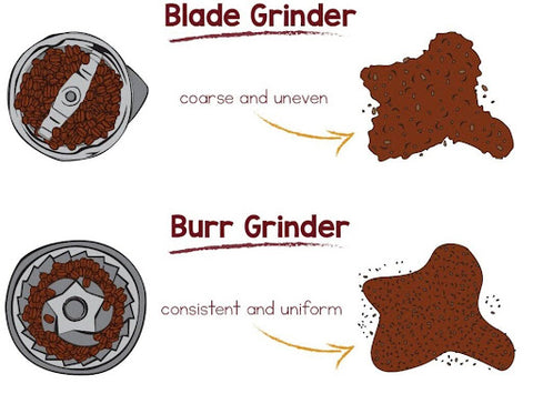 Computer graphic of the difference between a blade coffee grinder and a burr coffee grinder. It shows how the two grinders grind coffee differently.