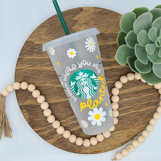 24oz Reusable Cold Coffee Cup with Daisy Design