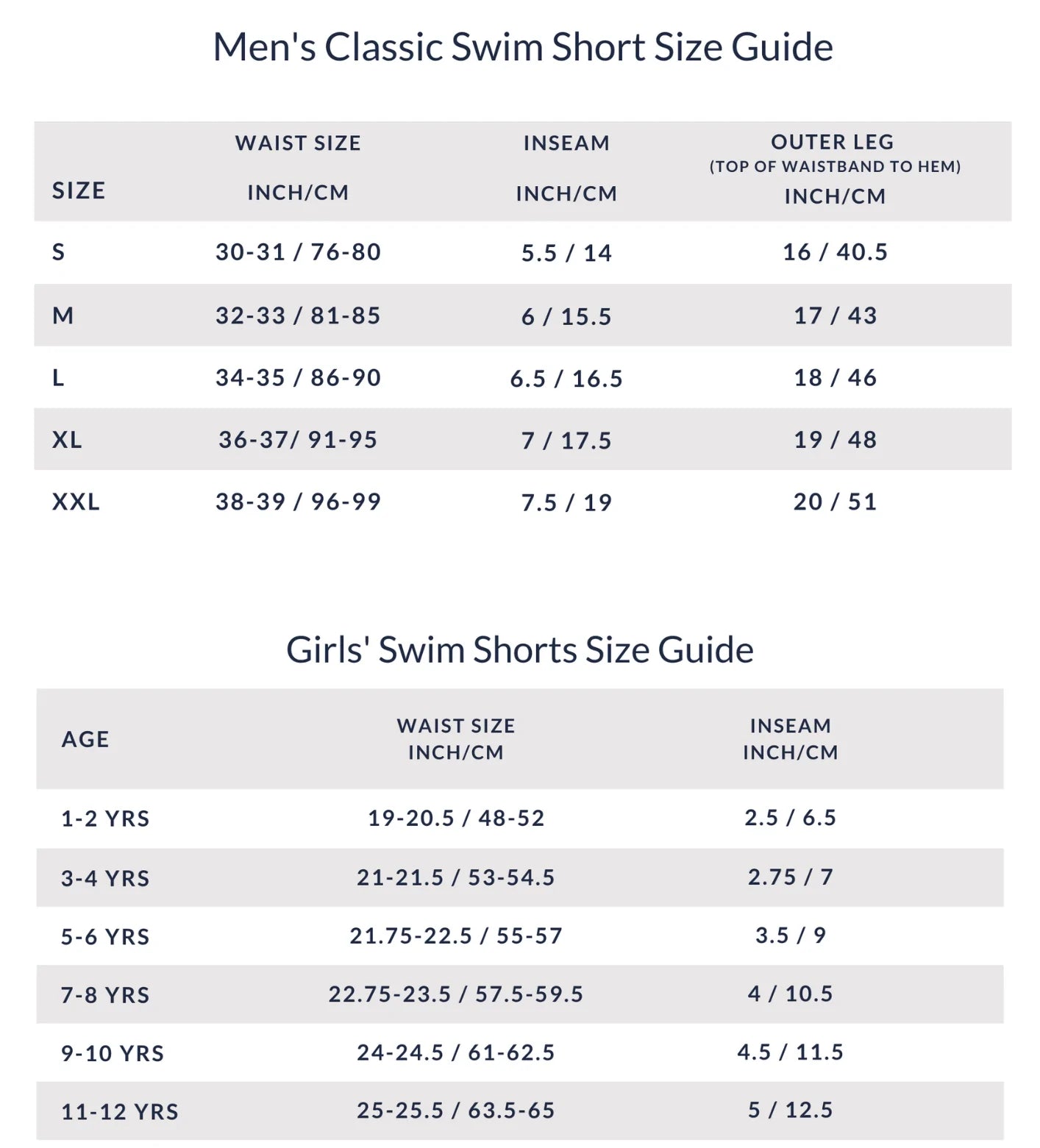 Men and Girls Swim Shorts Size Guide – Tom and Teddy Australia