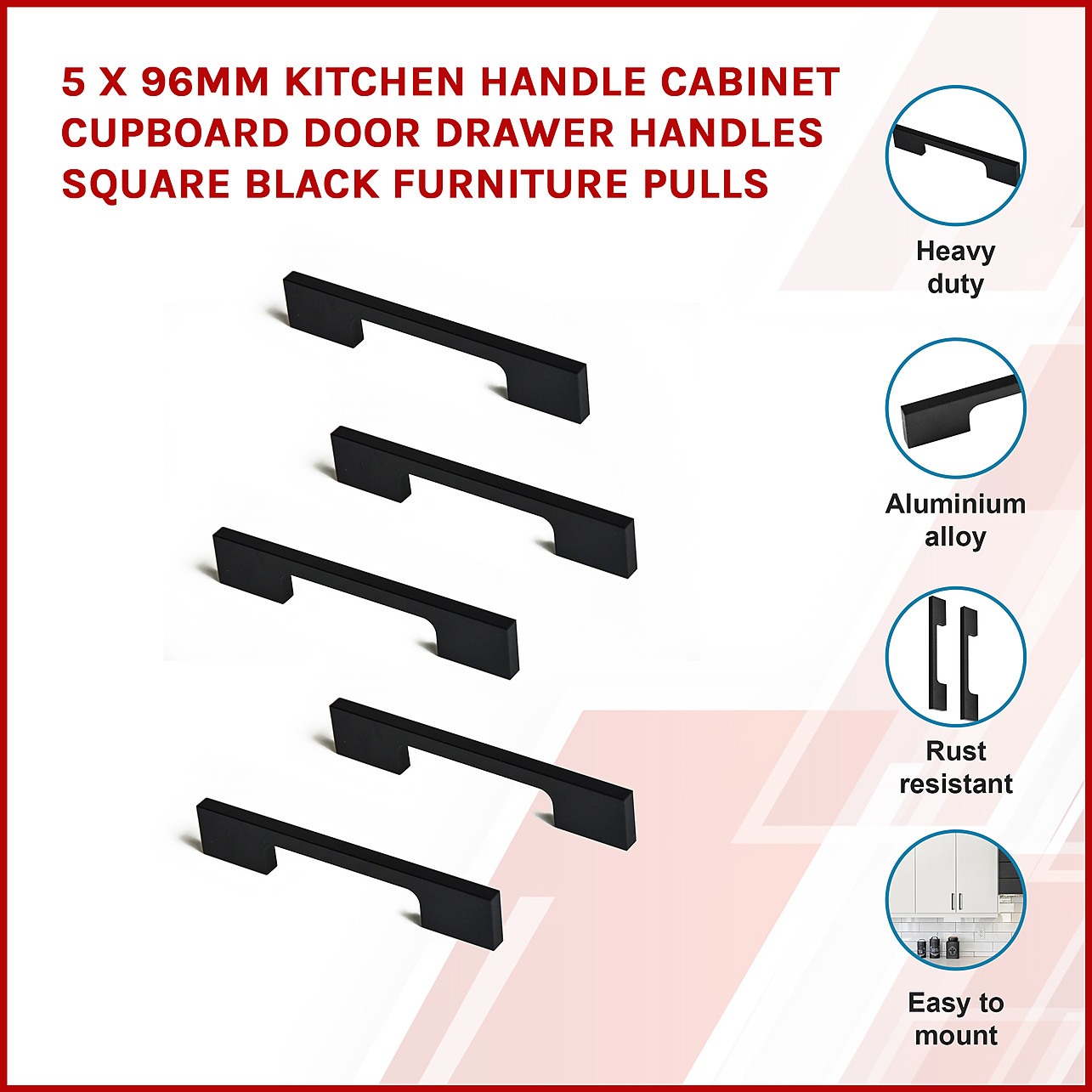 5 x 96mm Kitchen Cabinet Cupboard Door Drawer Handles Square Black Furniture Pulls